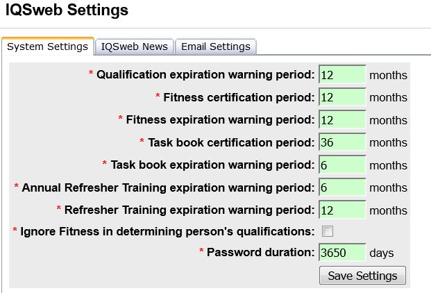 IQSweb Settings